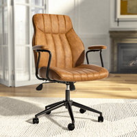 Crowley Mid Century Modern Office Chair, Vintage Leather Desk Chair With Wheels and Arms, Home Office Task Chair by Latitude Run