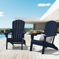 Set of 2 Folding Adirondack Chairs, Wood Texture, Cup Holder, All-Weather HDPE by Highland Dunes