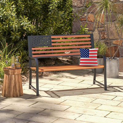 17 Stories 50" Outdoor Garden Bench With Flag Pattern Backrest & Rustic Wood Grain Finish by 17 Stories