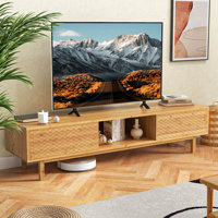 Millwood Pines 63" Bamboo Tv Stand With 3 Storage Cubes Sliding Doors Mid Century Storage Cabinet by Millwood Pines