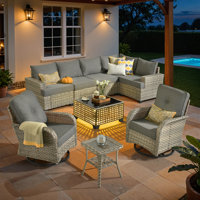 Carolle 7-Piece Modular Outdoor Rattan Seating Set with Cushions, Swivel & Rocking Chairs, Patio Table with Built-In Lights for Deck or Backyard