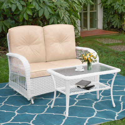 Winston Porter Outdoor Wicker Patio Glider Set, Loveseat For 2 Person Porch Furniture Glider With Glass-Top Coffee Table, Patio Glider Rocking Bench W by Winston Porter
