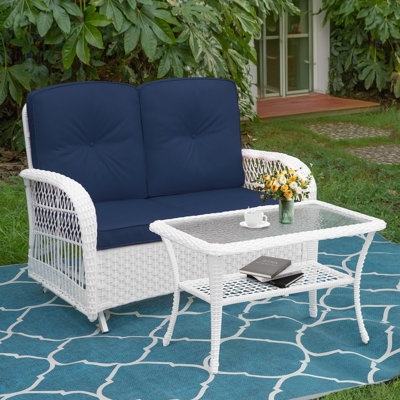 Winston Porter Outdoor Wicker Patio Glider Set, Loveseat For 2 Person Porch Furniture Glider With Glass-Top Coffee Table, Patio Glider Rocking Bench W