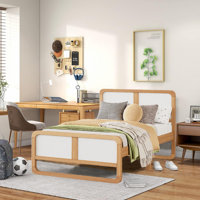 Modern Solid Wood Platform Bed for Kids, Teens, Adults, No Need Box Spring, Walnut and White