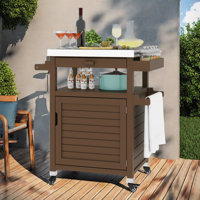 Ebern Designs Outdoor Storage Cabinet Wooden Movable Patio Table with Lockable Wheels by Ebern Designs