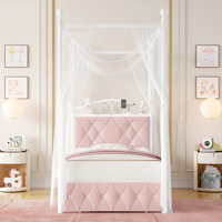 Upholstered Metal Canopy Storage Bed with Charging Ports, 2 Modes Princess Bed