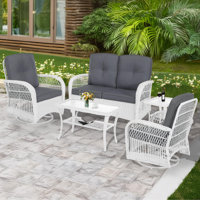 Winston Porter 5-piece Outdoor Patio White Wicker Conversation Sets, All Weather Outdoor Rattan Furniture Set Includes Glider Loveseat, 2 Coffee Table by Winston Porter