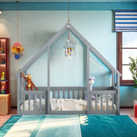 Wood House-Shaped Floor Bed With Fence, Guardrails by Harper Orchard