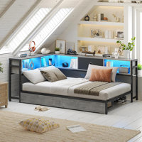 Lexiann Corner Bed with LED lights and charging station, modern bed with bookcase and 2 under bed storage drawers, no boxes/noise required modern sofa by Wrought Studio