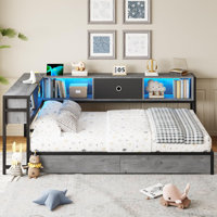 Lexiann Corner Bed with LED lights and charging station, modern bed with bookcase and 2 under bed storage drawers, no boxes/noise required modern sofa