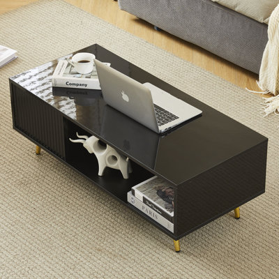 Mercer41 16 Colors Led Rectangle High Gloss Coffee Table With Metal Legs, 41.3"w Fluted Wood Coffee Table With 3 Open Storage Shelves by Mercer41