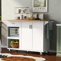 Wood Kitchen Island With Drop Leaf, Cabinet And Shelves