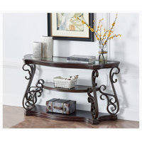 Sofa Table, Marble Paper Top, MDF with Birch Middle Shelf , Powder Coat Finish Metal Legs by Rosalind Wheeler