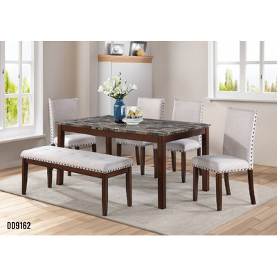 Cornouiller 6 Pcs Beige Fabric Dining Set Faux Marble Table + 4 Chairs + Bench by Lark Manor