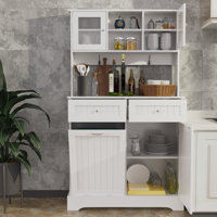 Tall Kitchen Pantry Storage Cabinet, Cupboard With Drawers And Trashcan, Shelves For Dining Room