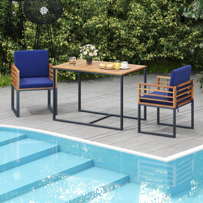 3 Pcs Patio Dining Table Set With Bistro Chairs Large W/ Seat Cushions