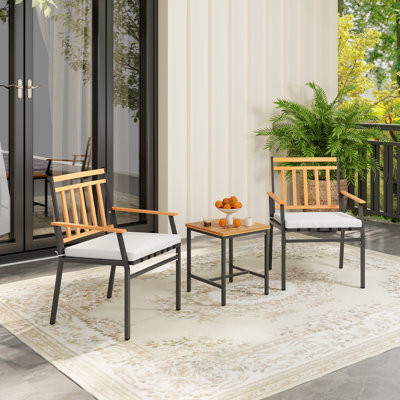 3 Pieces Acacia Wood Bistro Set Patio Conversation Set With Cushions And Coffee Table Outdoor Bistro Table And Chairs Set