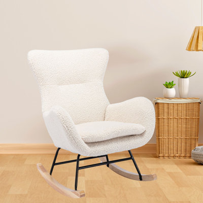 Teddy Rocking Chair With Iron Frame & Solid Wood Legs, Modern Glider Rocker Accent Chair, Upholstered Rocking Armchair For Bedroom Living Room Office