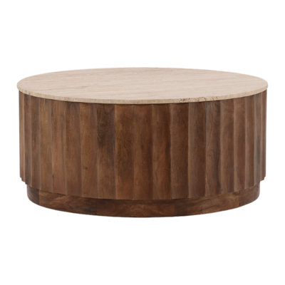 Milburn Travertine Coffee Table, Natural and Medium Brown by Loon Peak