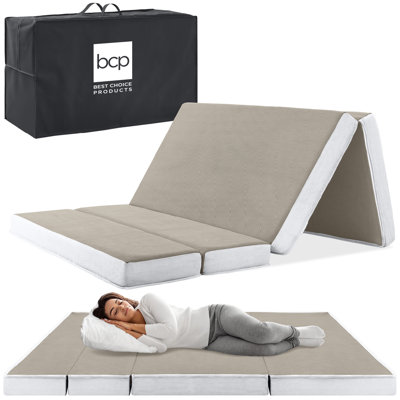 Alwyn Home 4In Thick Folding Portable Queen Mattress Topper W/ Carry Case, Washable Cover - Onyx by Alwyn Home