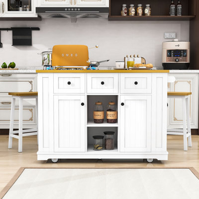 Chiyeko 3-Piece Kitchen Island Set with Storage Shelves, Built-in Charging Station and Bar Stools by Lark Manor