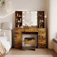 Vanity Desk With Led Lighted Mirror,Makeup Vanity With 10 Led Lights & 5 Metal Sliding Drawers, 3 Color Brightness Adjustable, Vanity Table With 6 Ope by Latitude Run