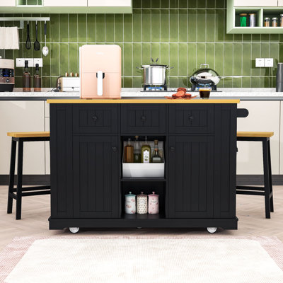 Cheryllynne 3-Piece Kitchen Island Set with Built-in Charging Station, Expandable Countertop and Two Bar Stools by Lark Manor