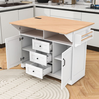 Chike Wooden  Kitchen Island Cart with Built-in Charging Station, Two Drop Leaf and Ample Storage by Lark Manor