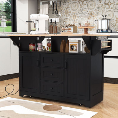 Chike Wooden Kitchen Island Cart with Built-in Charging Station, Two Drop Leaf and Ample Storage by Lark Manor