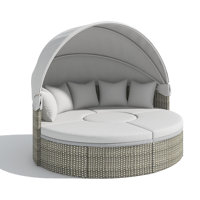 Patio Round Rattan Daybed Two-Tone Weave Sunbed With Retractable Canopy And Cushions