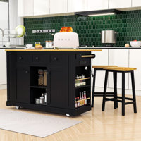 Kitchen Island Set with 2 Bar Stools, Integrated Power Outlets and Expandable Storage by Lark Manor