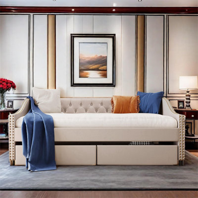 Upholstered Tufted Daybed With Two Drawers And Copper Nail Design by Wildon Home