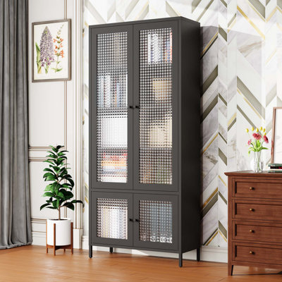 Large Metal Storage Cabinet Display Cabinet, Waffle-Grids Tempered Glass