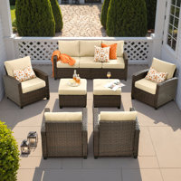 8 Pieces Outdoor Wicker Rattan Sofa Couch With 4 Chairs, Ottomans And Comfy Cushions, Patio Furniture Set With Firepit Table, All Weather High Back C by Lark Manor