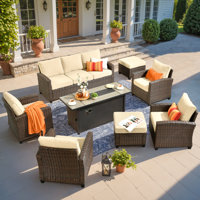 8 Pieces Outdoor Wicker Rattan Sofa Couch With 4 Chairs, Ottomans And Comfy Cushions, Patio Furniture Set With Firepit Table, All Weather High Back C by Lark Manor