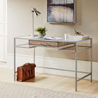 Adela Writing Desk For Home Silver Metal Design With Tempered Glass Top Light Finish Floating Drawer by Latitude Run