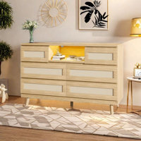 6 Drawers Dresser With Led Light And Charging Station, Rattan Dresser, Wooden Dresser Chest For Bedroom Living Room by Orren Ellis