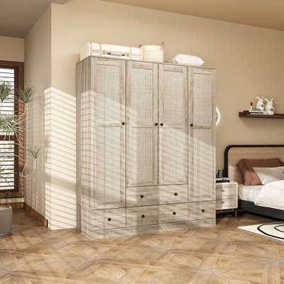 Rustic Four-Door Wardrobe With Rattan Paneling And Six-Drawer Storage – Spacious Modern Closet Organizer For Bedrooms by Bayou Breeze