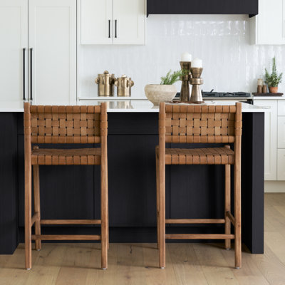 Ursulina Brown Wood W/ Woven Brown Leather Counter Stool by Hokku Designs