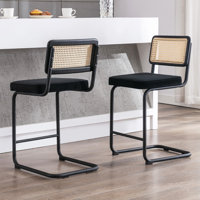 Crumley Upholstered 25.6" Velvet Counter Stool with Rattan Cane Back and Metal Frame by Bayou Breeze