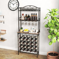 Industrial Wine Rack Bar Table, 3-Tier Liquor Bottle And Glass Holder With Storage Shelves by 17 Stories