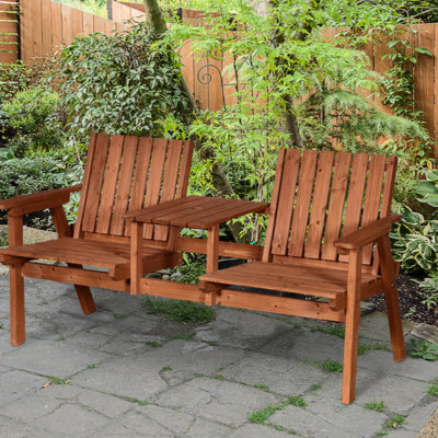 Patio Bench Garden Bench With Middle Table And Umbrella Hole Wooden Outdoor Bench Patio by Millwood Pines
