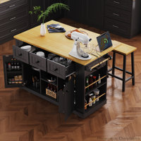 53inch Large Kitchen Island with 2 Bar Stools,Drop Leaf and Power Outlet by Lark Manor