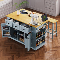 53inch Large Kitchen Island with 2 Bar Stools,Drop Leaf and Power Outlet by Lark Manor