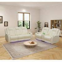 2-Piece Vegan Leather Power Reclining Living Room Sofa Set With Wireless Chargers And LED Lights by Latitude Run