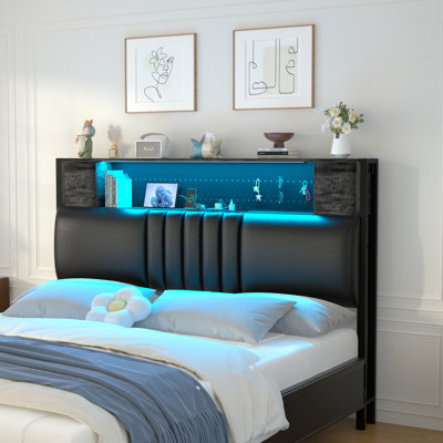 Storage Upholstered PU Headboard With LED Lights & Charging Station