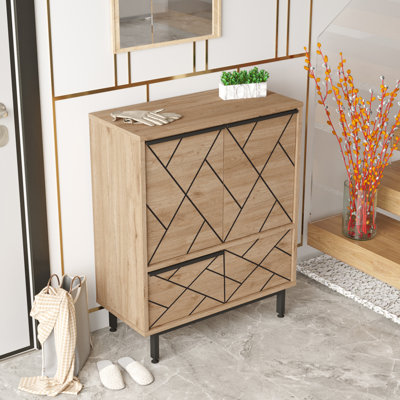 Ocean Double Sideboard Table And Storage With 3 Doors And Metal Legs, Oak Color Multi-purpose Cabinet Uv Print by Ebern Designs