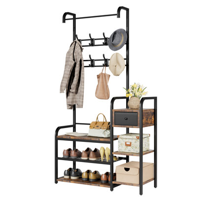 Hall Tree Shoe Bench, 5-In-1 Hall Tree Storage Bench For Entryway, 8 Sturdy Hooks, Industrial Entryway Bench With Storage Drawer, Coat Rack For Apartm by 17 Stories