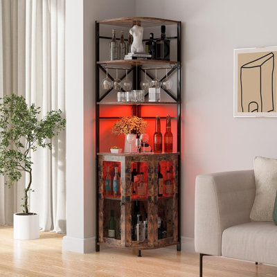 71.1" Height Corner Bar Cabinet with Wine Storage, 6 Tier Corner Shelf with LED Strip & Glass Holder by Wrought Studio