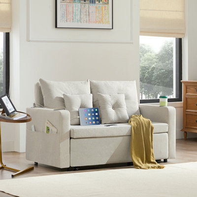 56" 3 in 1 Square Arm Sofa Bed Convertible Loveseat Pull-Out Sleeper Sofa Couch with USB and Cup Holders by Ebern Designs